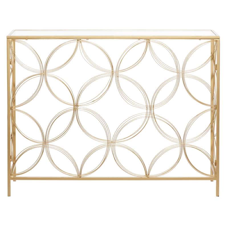 Metal Geometric Open Style Quatrefoil Frame Console Table with Glass Top - Gold - Roche River Decor - 12"Wx42"Lx32"H