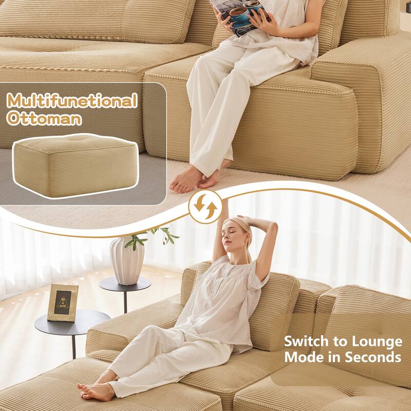 L-Shaped Sectional Couch with Ottoman, Oversized Modular Corduroy Sofa