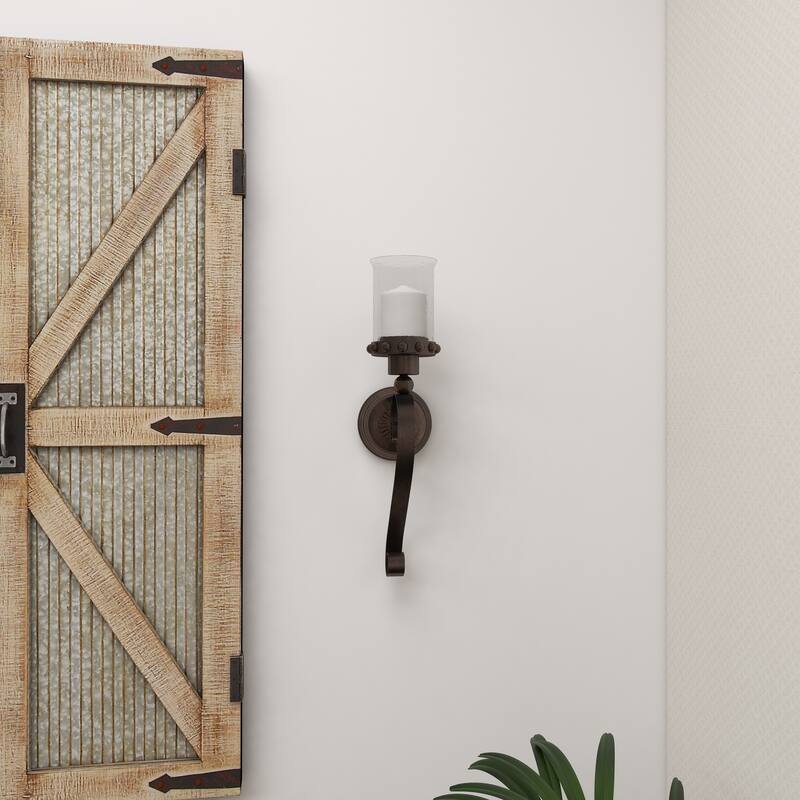 Brown Metal Studded Pillar Scroll Wall Sconce - 6 x 5 x 20