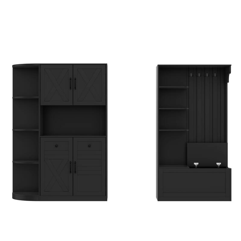 Multifunctional Left-Right Combination Hall Cabinet With Storage And 4 Hooks, Storage Cabinet/ Hall Tree 2 In 1