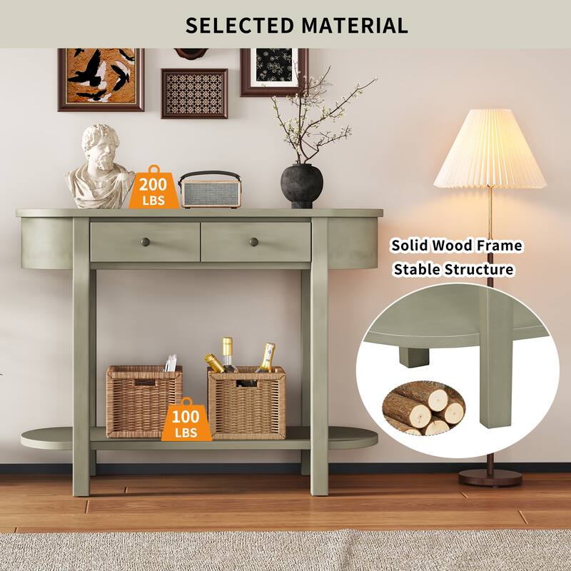Curved Console Table with 2 Storage Drawers and Metal Handles, Wooden Hallway Tables Entryway Table wOpen Storage Shelf