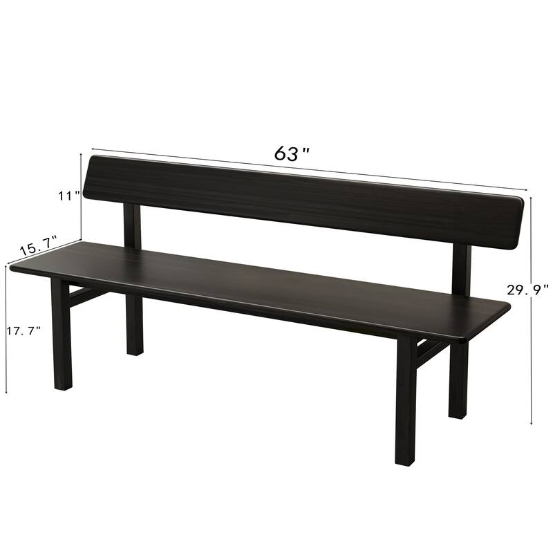 63" Farmhouse Dining Bench with Backrest Solid Wood Bench for Entryway