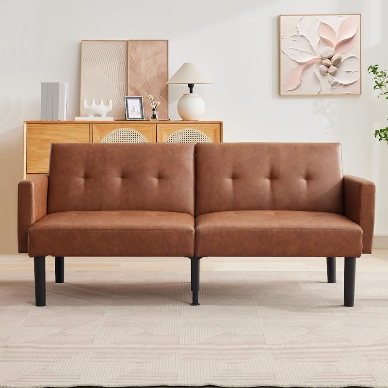 75.5” Convertible Futon Sofa Bed,Adjustable Folding Loveseat with Wood Legs - PU Brown