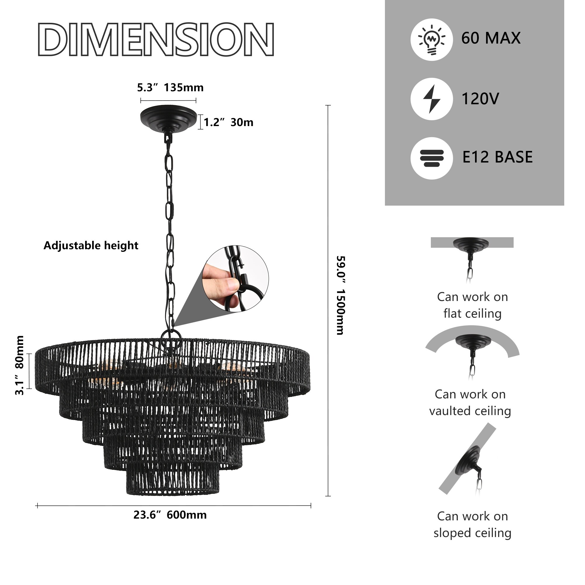 5-Tier Hemp Rope Chandelier with 8 E12 Sockets,UL Listed Hardwired