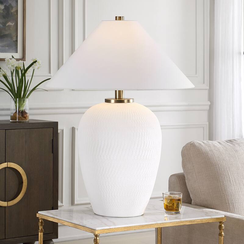 Hand Carved Glaze Textured Ceramic Table Lamp with Drum Shade - 33" - White