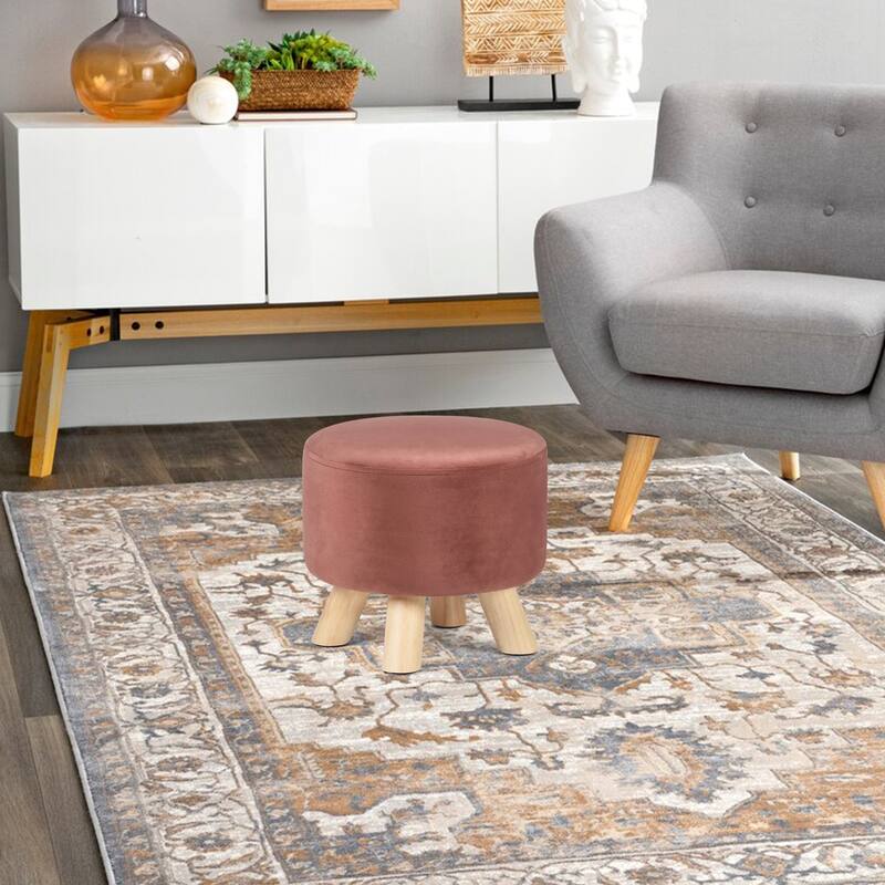 Adeco Round Ottoman Velvet Foot Rest Stool with Non-Skid Legs