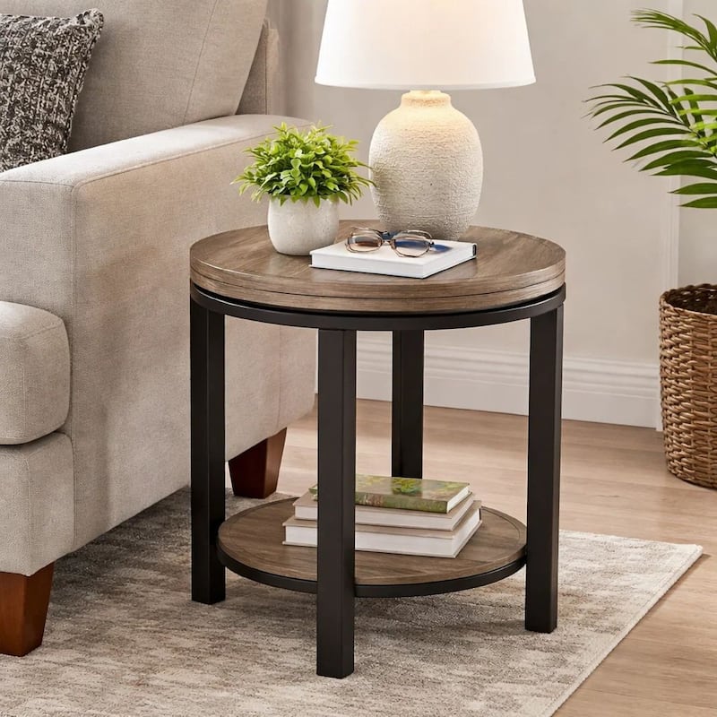 Cyon 24 Inch Round Side End Table, Black Metal Frame, Gray Wood, Open Shelf