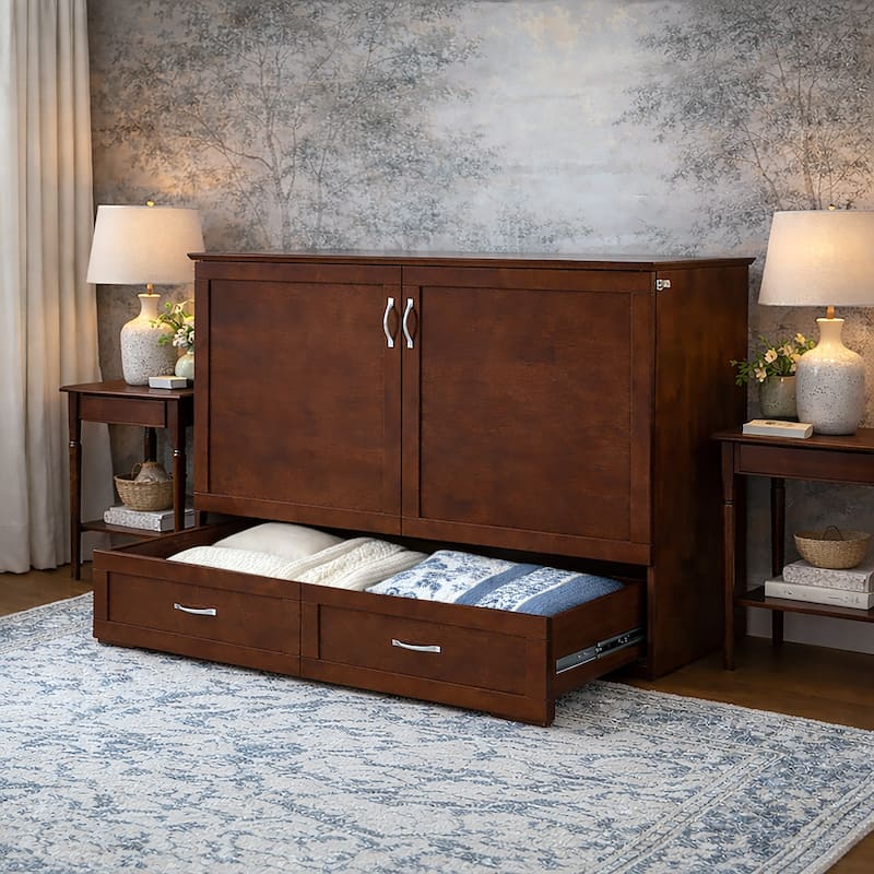 Hamilton Queen Murphy Bed Chest with 6" Mattress, Storage Drawer & Built-In Charger in Walnut
