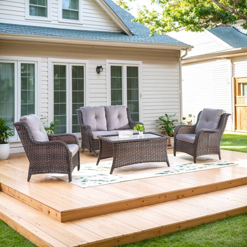 Patio Loveseat Glider with 2 Club Chair and Coffee Table - Grey - Brown