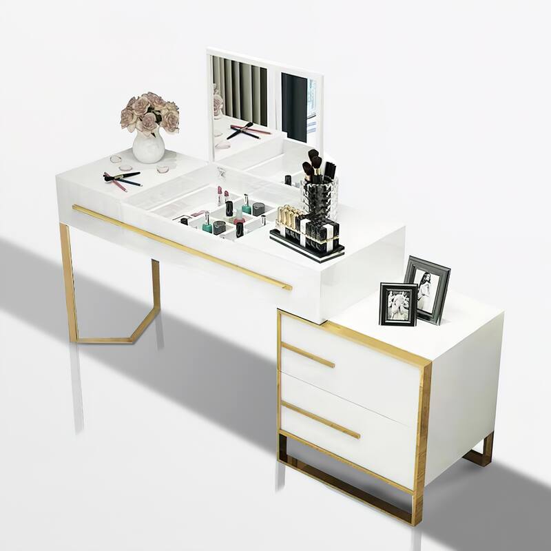Modern Dresser with Storage and Flip Mirror 4 Drawer Writing Desk