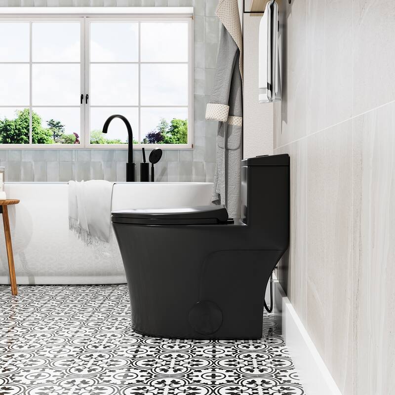HOROW 1 Piece Dual Flush Elongated Toilet Black 0.8 1.28 GPF Seat Included 12 Inch Rough In - N/A
