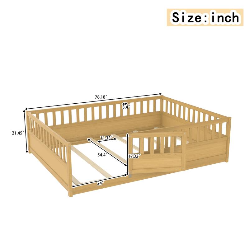 Wooden Full Floor Bed without Slat, Montessori Kids Floor Bed Frame with Super High Fence and Door, Solid Pine French Bed Frame