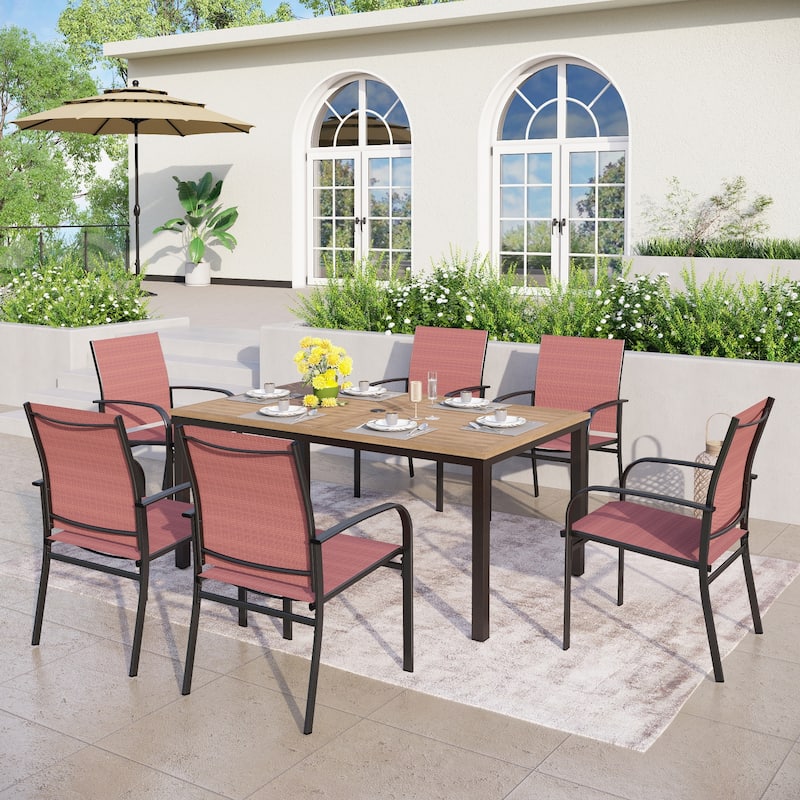 MAISON ARTS Outdoor Patio Dining Set 7 Piece Furniture Set with 6 Textilene Chairs and Metal Rectangular Brown Dining Table - Red