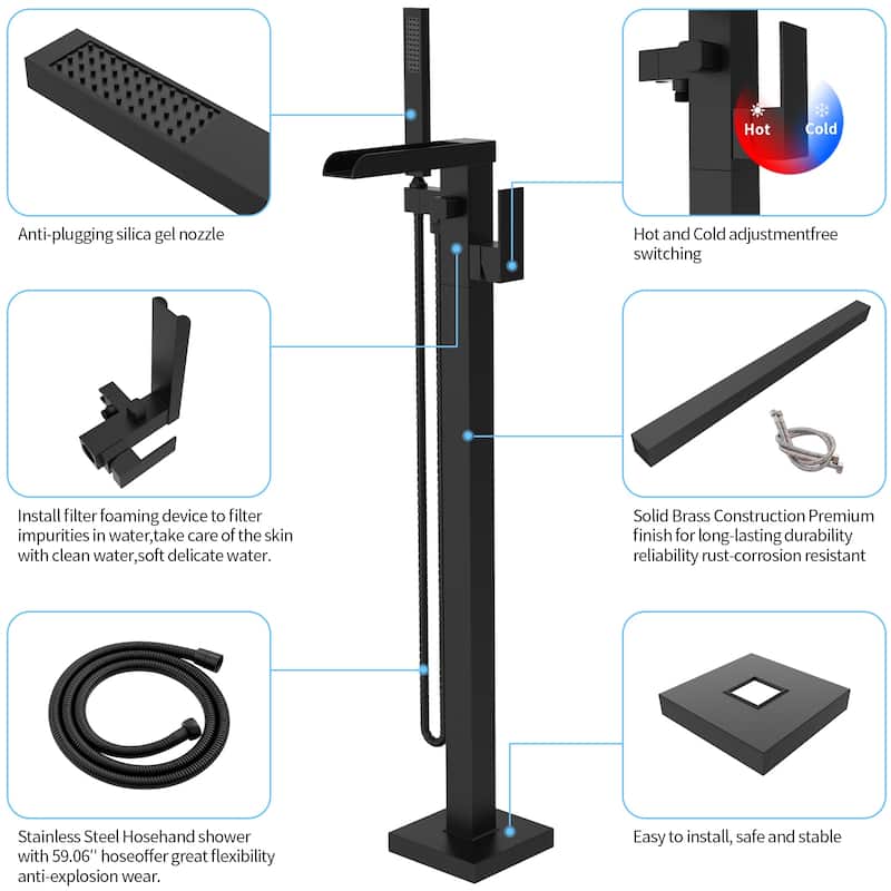 Thermostatic Freestanding Bathtub Faucet Waterfall Tub Filler Black Floor Mount Brass Bathroom Faucets with Hand Shower