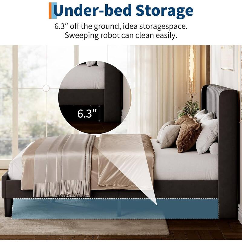 Velvet Upholstered Platform Bed Frame with Tufted Wingback Headboard, No Box Spring Needed