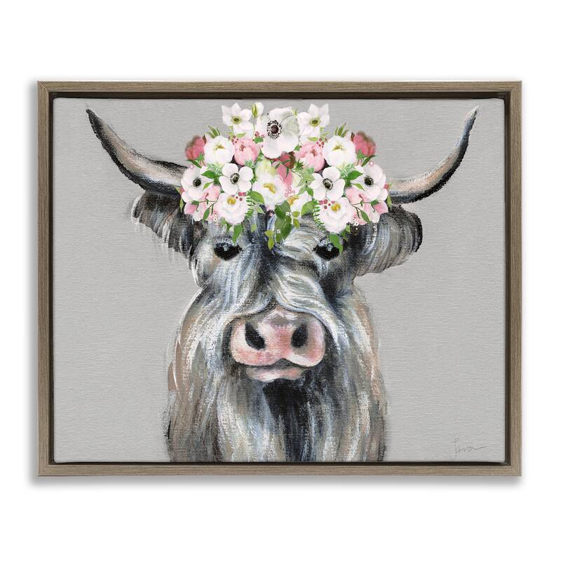 Stupell Shabby Chic Cattle with Garland Framed Floater Canvas Wall Art Design By Janet Tava - 21 x 17 - Brown