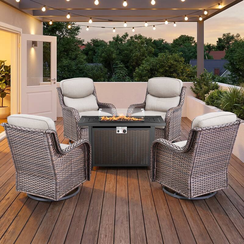 Pocassy Patio Sofa Swivel Chair Set with 43" Fire Pit Table - Brown Wicker Beige Cushion - 5-Piece Swivel Chair w/ Fie Pit Table