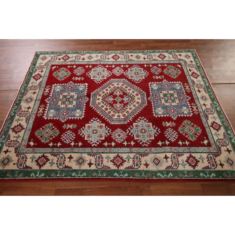 Geometric Red Kazak Area Rug Hand-Knotted Oriental Wool Carpet - 5'0" x 6'3"