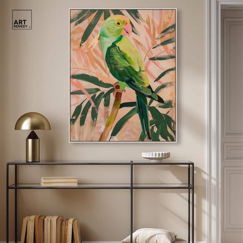 Coral and Green Parrot Canvas by Art Remedy