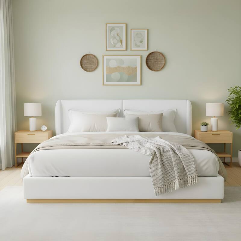 Christopher Knight Home - Contemporary Boucle Upholstered Sculpted Wingback Bed Frame, Enclosed Wood Base & Curved Headboard