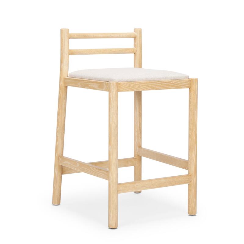 HomeRoots 26" Beige and Natural Fabric and Solid Wood Low Back Counter Height Bar Chair