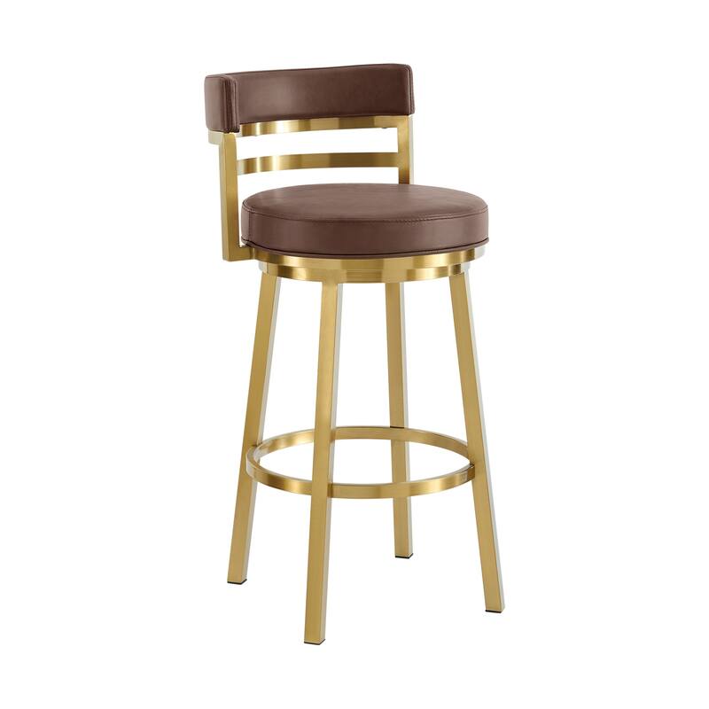 HomeRoots 30" Coffee and Gold Faux Leather and Stainless Steel Low Back Bar Height Swivel Bar Chair
