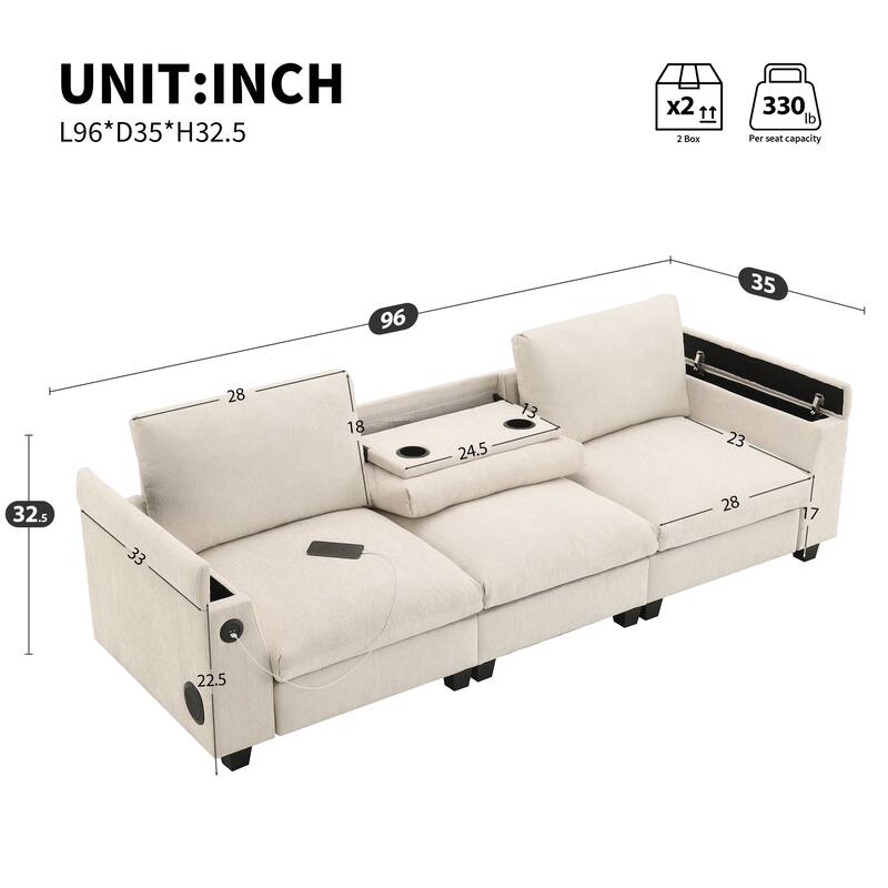 96" Chenille Smart Sectional Sofa with Bluetooth & USB