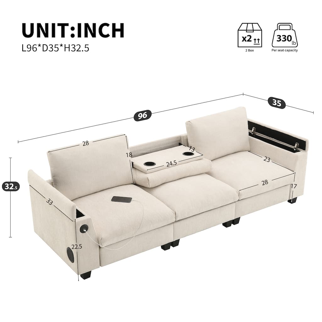 Chenille Cloud Sofa with Cup Holders, USB Port & Bluetooth Speaker, Convertible Loveseat with Drop Down Table & Storage Armrest