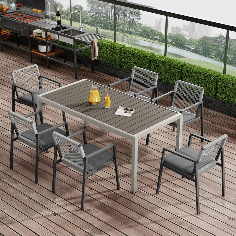 Christopher Knight Home - Jaxon Outdoor 7 piece Dining Set with Rope-Woven Chairs - Grey+ Black + Silver