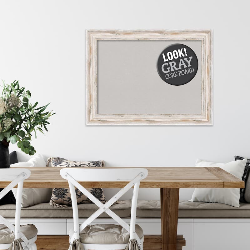 Framed Grey Cork Board, Alexandria White Wash