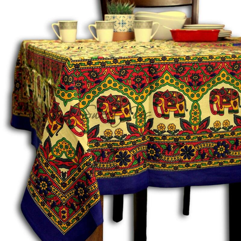 Cotton Secret Elephant Floral Tablecloth Rectangle - 54 x 84 in - Blue Red