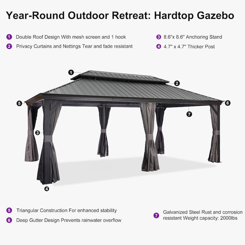PURPLE LEAF Outdoor Galvanized Steel Hardtop Gazebo, Aluminum Frame Gazebo With Curtains
