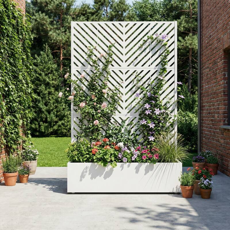 Raised Garden Bed Planter with Trellis Movable Planter Box with Lockable Wheels - 72*47 - White