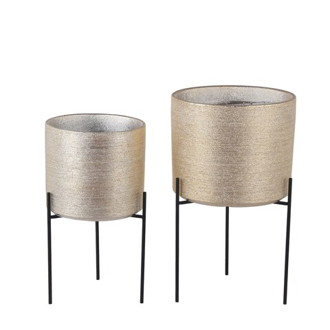 Set of 2 Woven Gold/Black Ceramic/Metal Planters