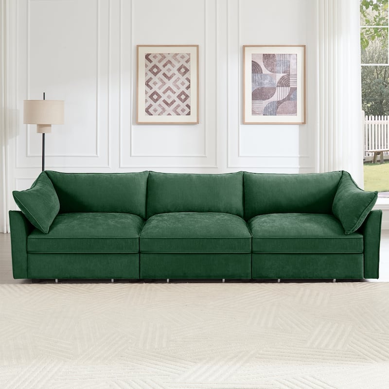 Rossetta 3-Seater Crescent Armrests Sofa with Pull-Out Storage Drawers and Wraparound Cushions in Classic Color Chenille - Green