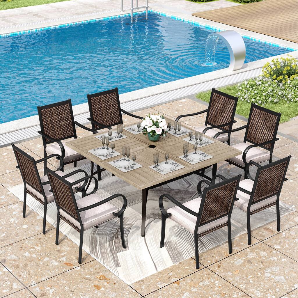 MAISON ARTS 9-Piece Patio Dining Set, 60 Inch Square Metal Table and 8 Rattan Chairs with Cushions