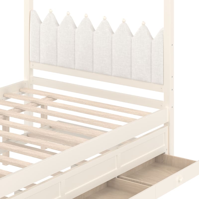 Full/Twin Platform Bed with Upholstered Headboard, Trundle & 3 Drawers, Princess Canopy Bed