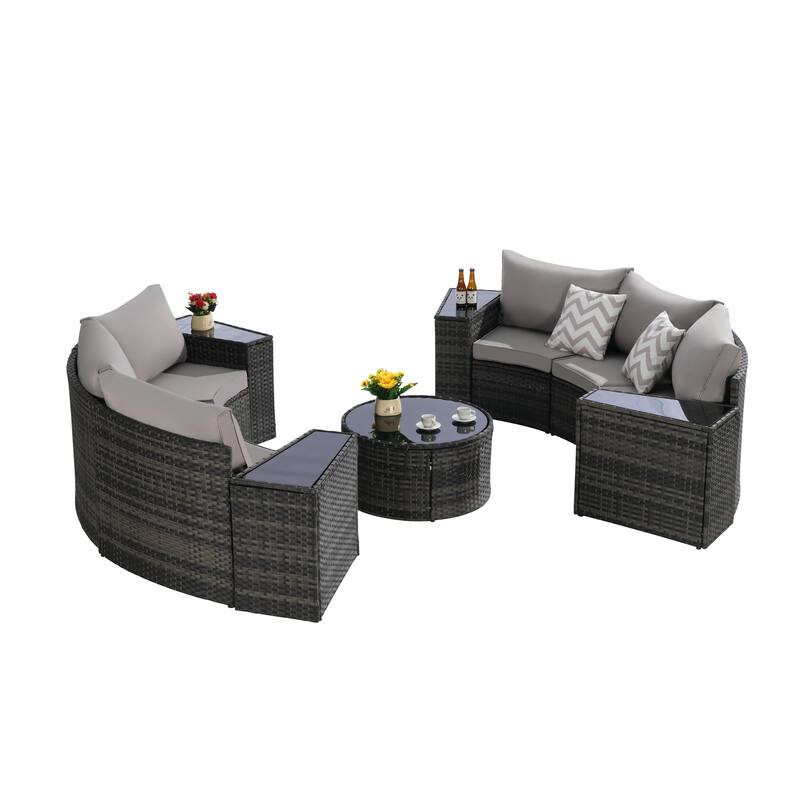 11-Piece Outdoor Half-Round Modular Sectional Sofa Set with Tempered Glass Coffee Table and 4 Side Table