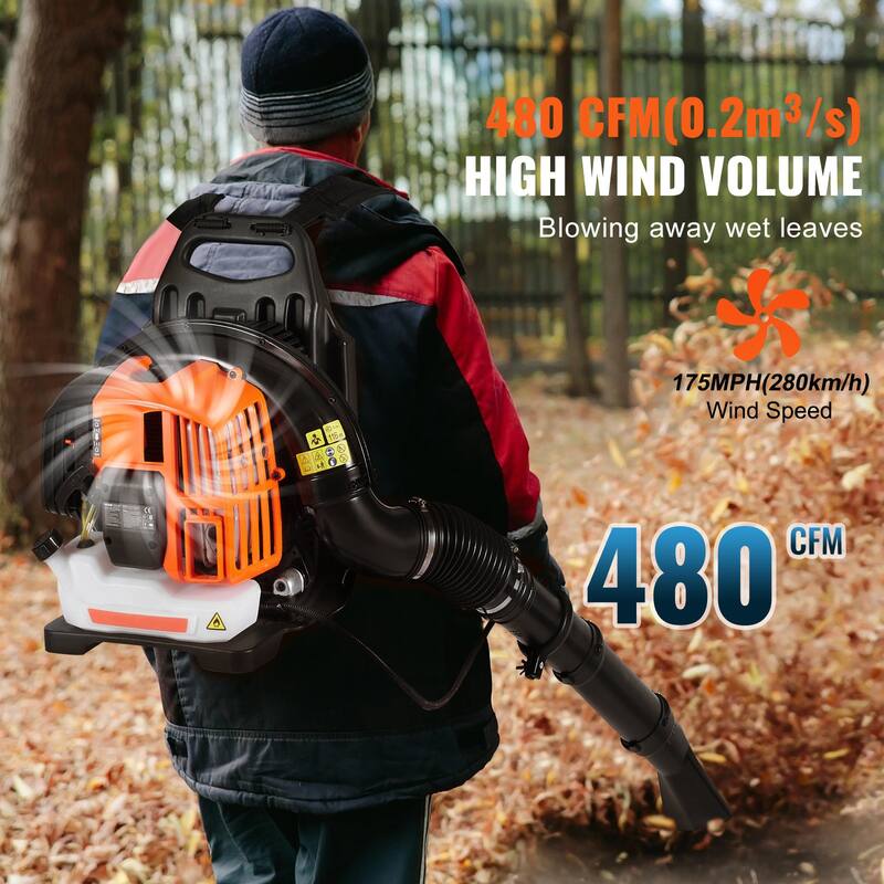 Orange Backpack Leaf Blower with Fuel Tank and Adjustable Padded Shoulder Straps