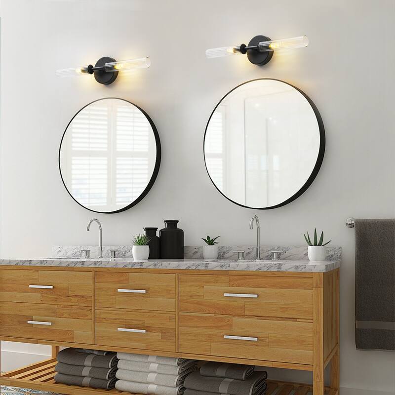 2-Light Mid-Century Modern Brushed Gold/Matte Black Finish Linear Vanity Light with Clear Striped Glass for Bathroom