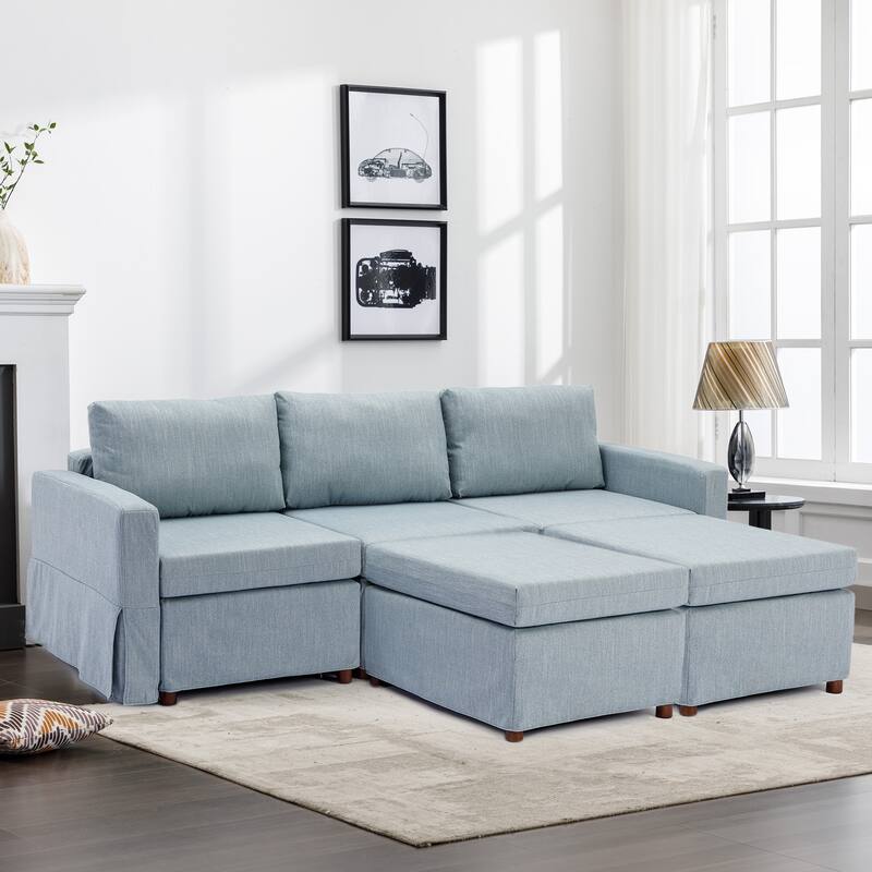 Light Blue Modern 3+2 pc Linen Modular Sectional Sofa Couch Set Bed