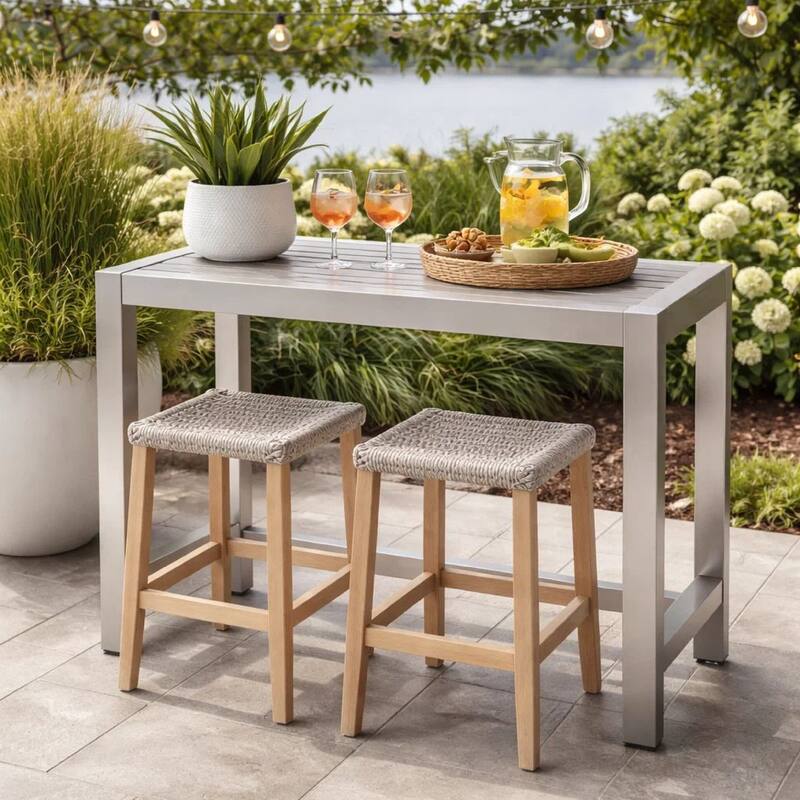 Kylo 59 Inch Outdoor Bar Table, Gray Aluminum Frame, Plank Surface, Large