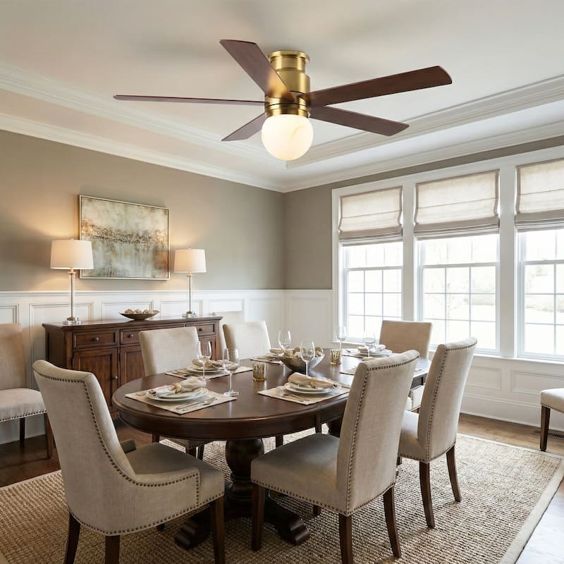 52" Modern Plating Gold Globe Glass Flush Mount Ceiling Fan with Light and Remote