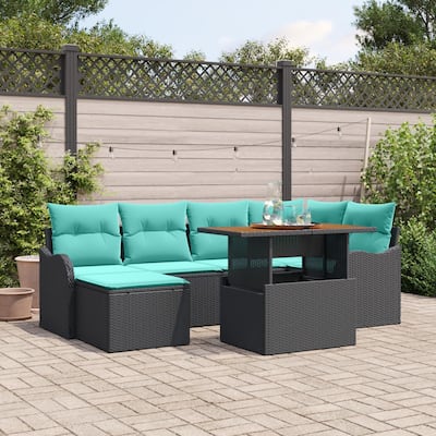 vidaXL 7 Piece Garden Sofa Set with Cushions Black Poly Rattan - 91.5×48.2×27.2