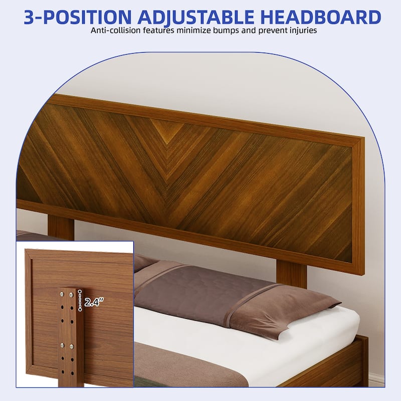 Queen/King Size Bed Frame with Adjustable Headboard Heights and Solid Wood Headboard, Walnut Color