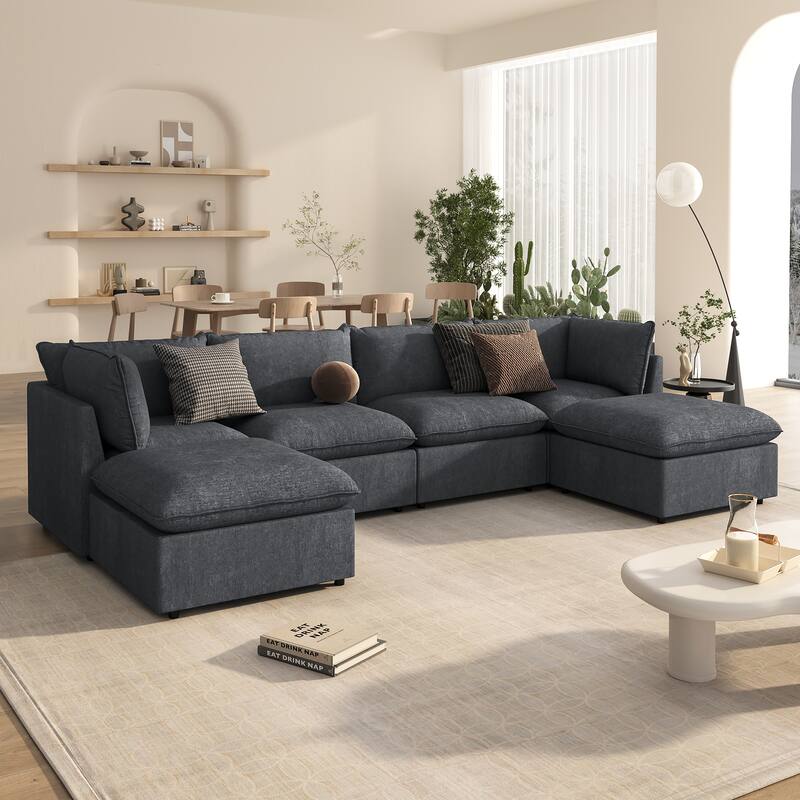 U-Shape Sectional Sofa Upholstered Couch with Removable Cushions and Solid Wood Frame, Modular Sofa 2 with Movable Ottoman - Gray