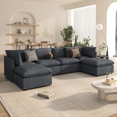 U-Shape Sectional Sofa Upholstered Couch with Removable Cushions and Solid Wood Frame, Modular Sofa 2 with Movable Ottoman