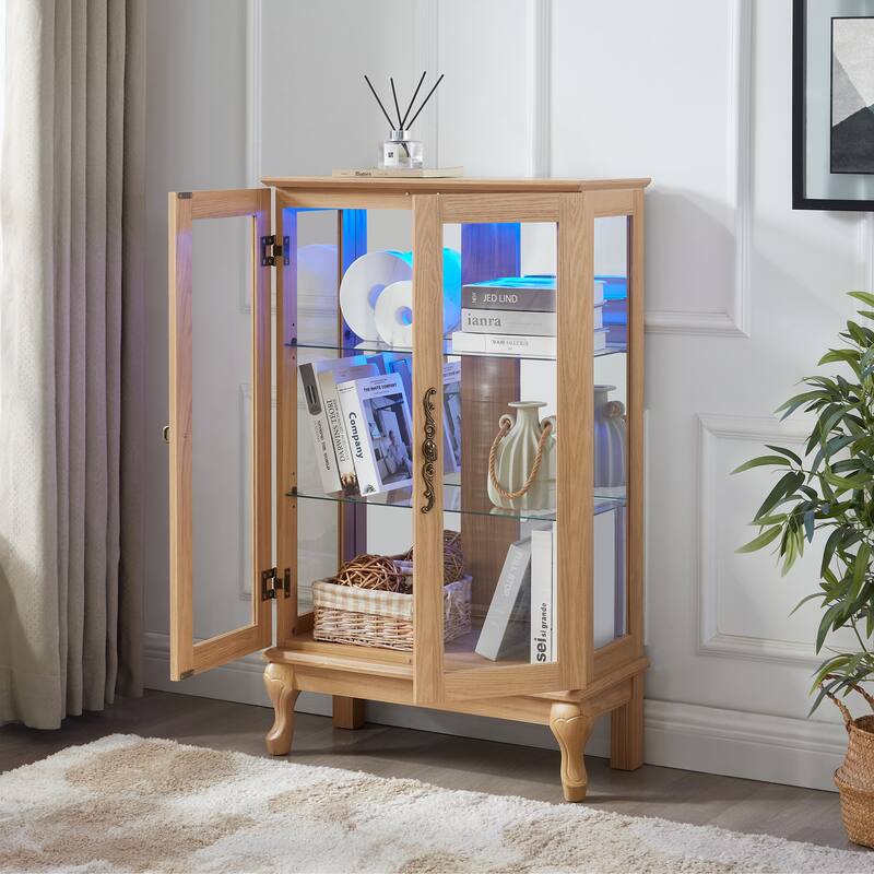 Elegant Light Oak Curio Cabinet Tempered Glass LED Light Mirrored Back Adjustable Shelves