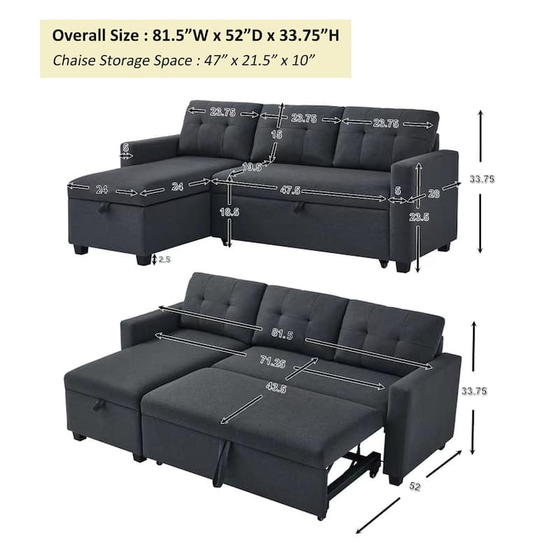 Upholstered Pull Out Sectional Sofa w/Storage,Convertible Corner Couch