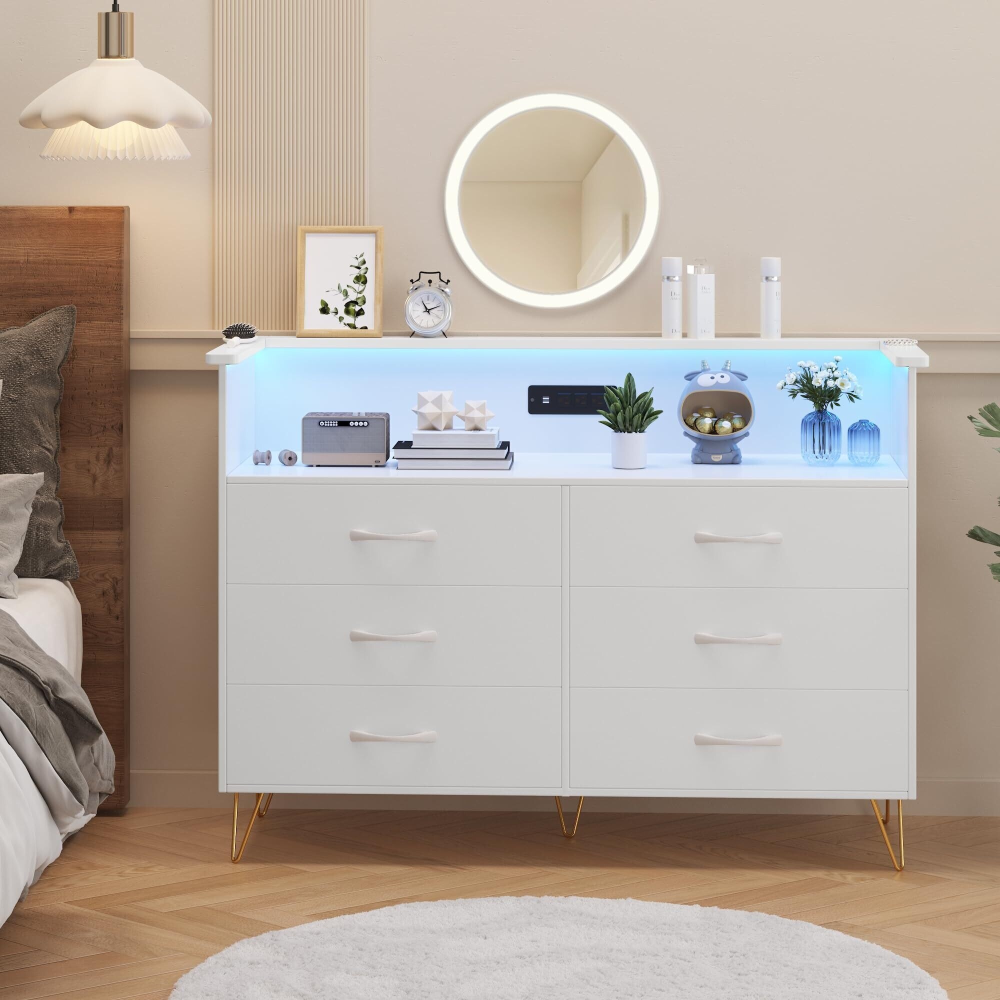 6 Wooden Drawers Dresser with Power Outlet LED Light